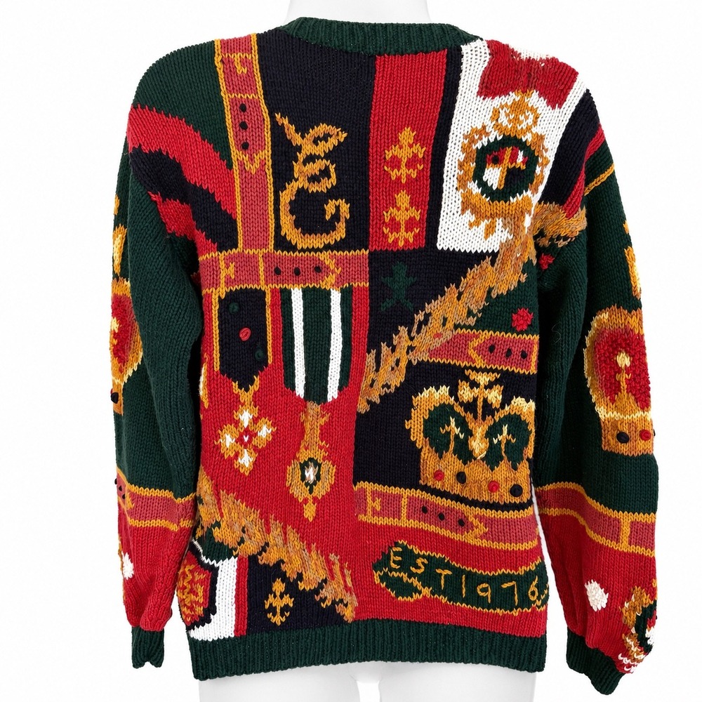 Vintage 90s Bianca Royal Crest Intarsia Cardigan Sweater Crown Heraldic Small - Picture 4 of 9